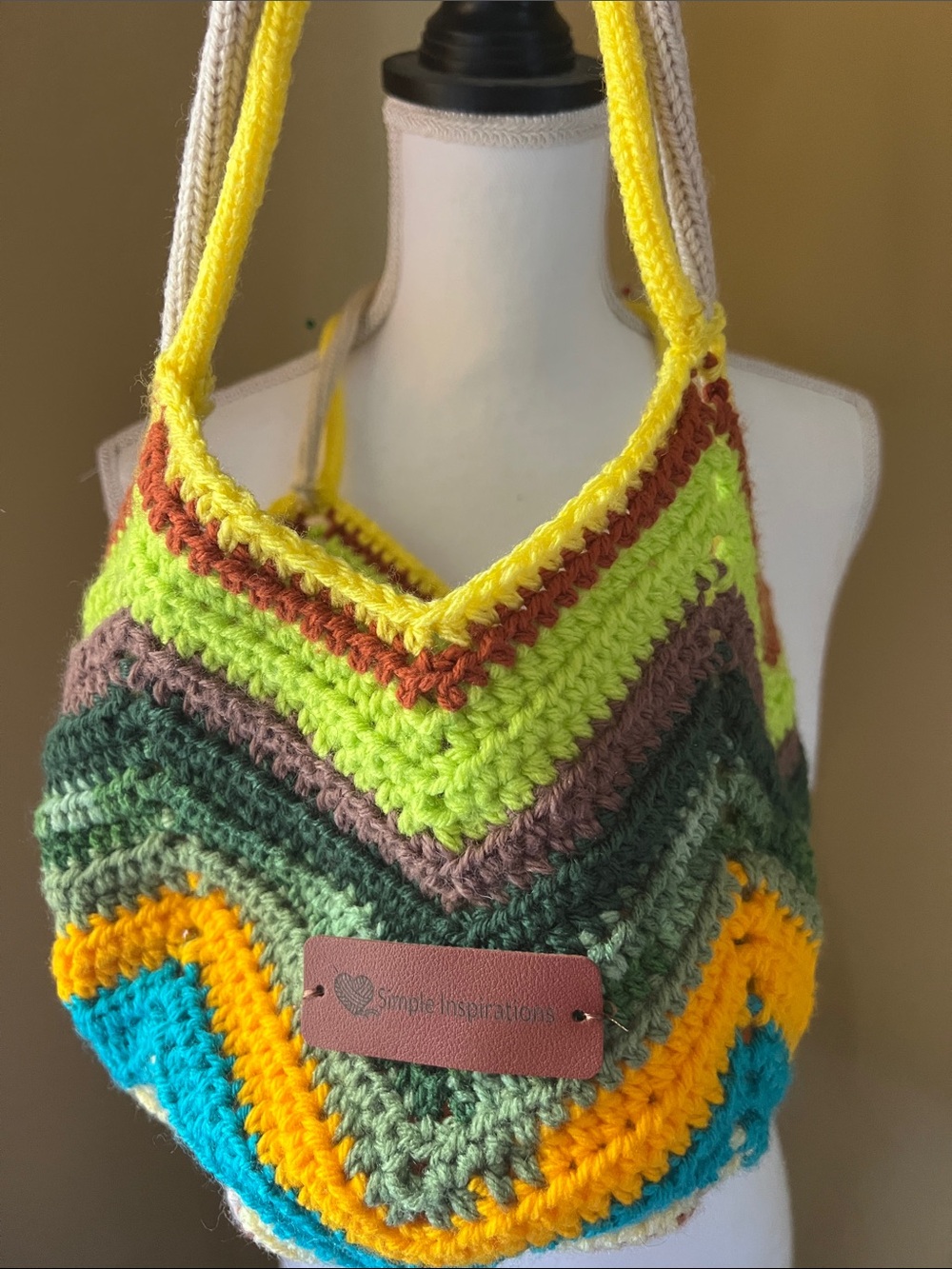 Handmade Multicolor Crochet Shoulder Bag - Yellow, Green, Blue